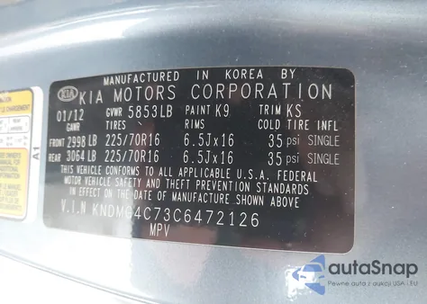 2012 Kia Sedona Lx z USA, uszkodzony, nr VIN KNDMG4C73C6472126